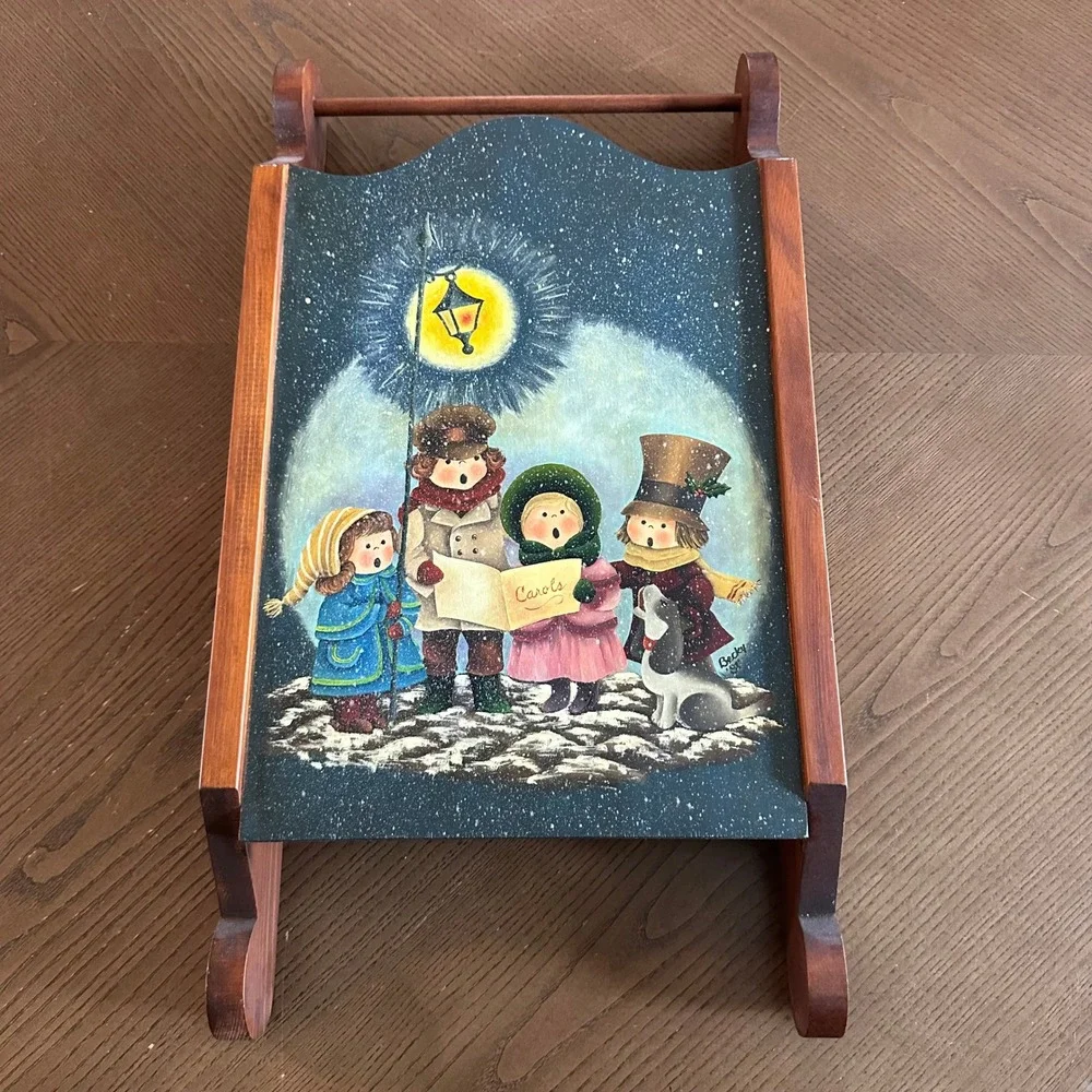 Vintage 1981 Becky Signed Hand Painted Wooden Christmas Sled Carolers Folk Art